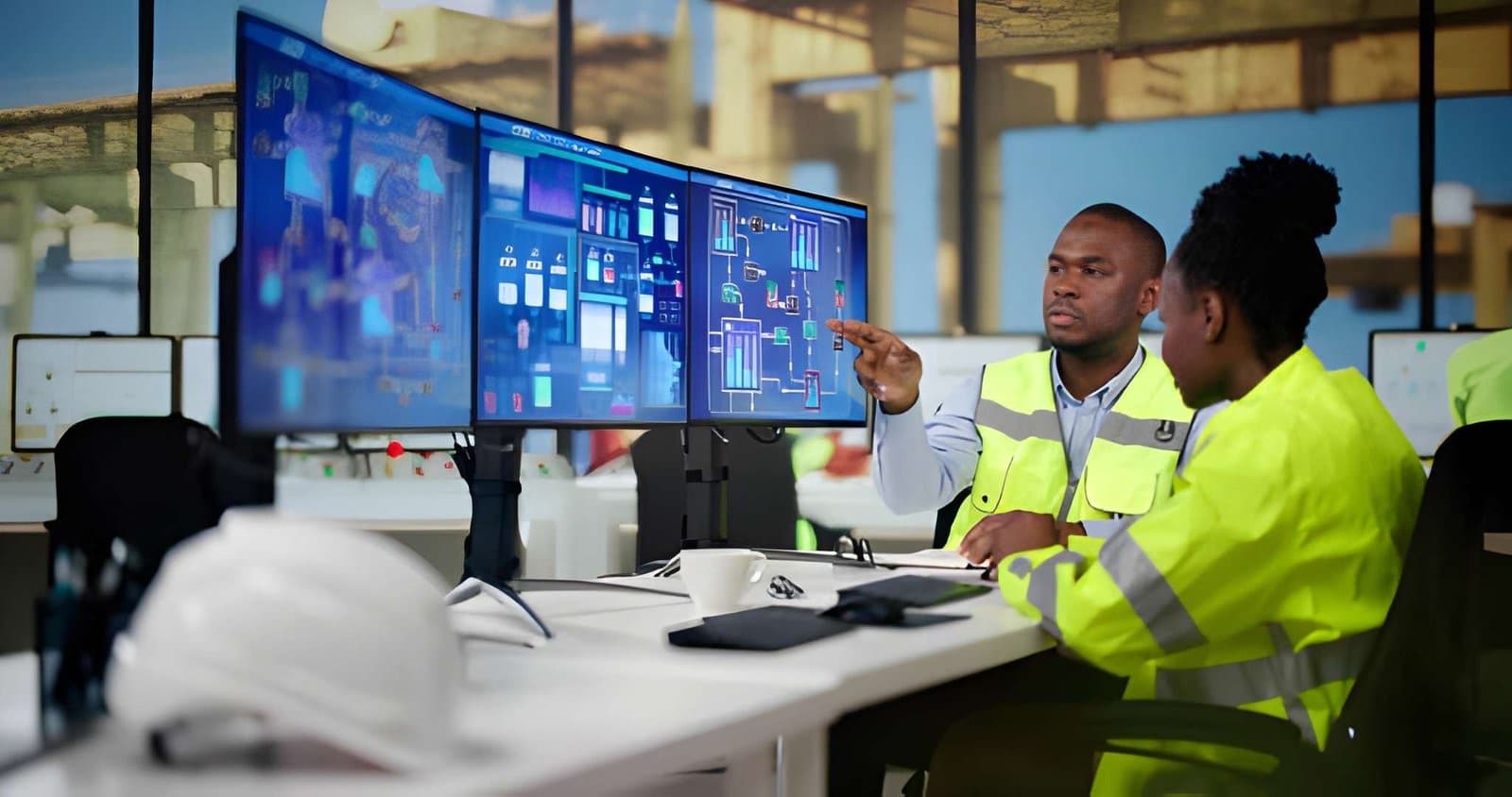 Two site engineers in hi-vis vests reviewing plans on monitors