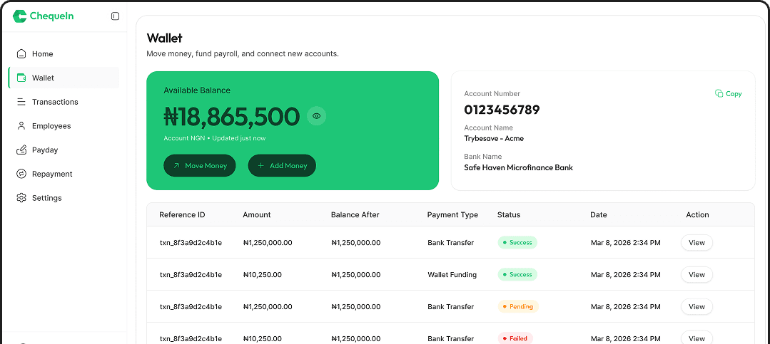 ChequeIn wallet showing the available balance and recent payroll transactions