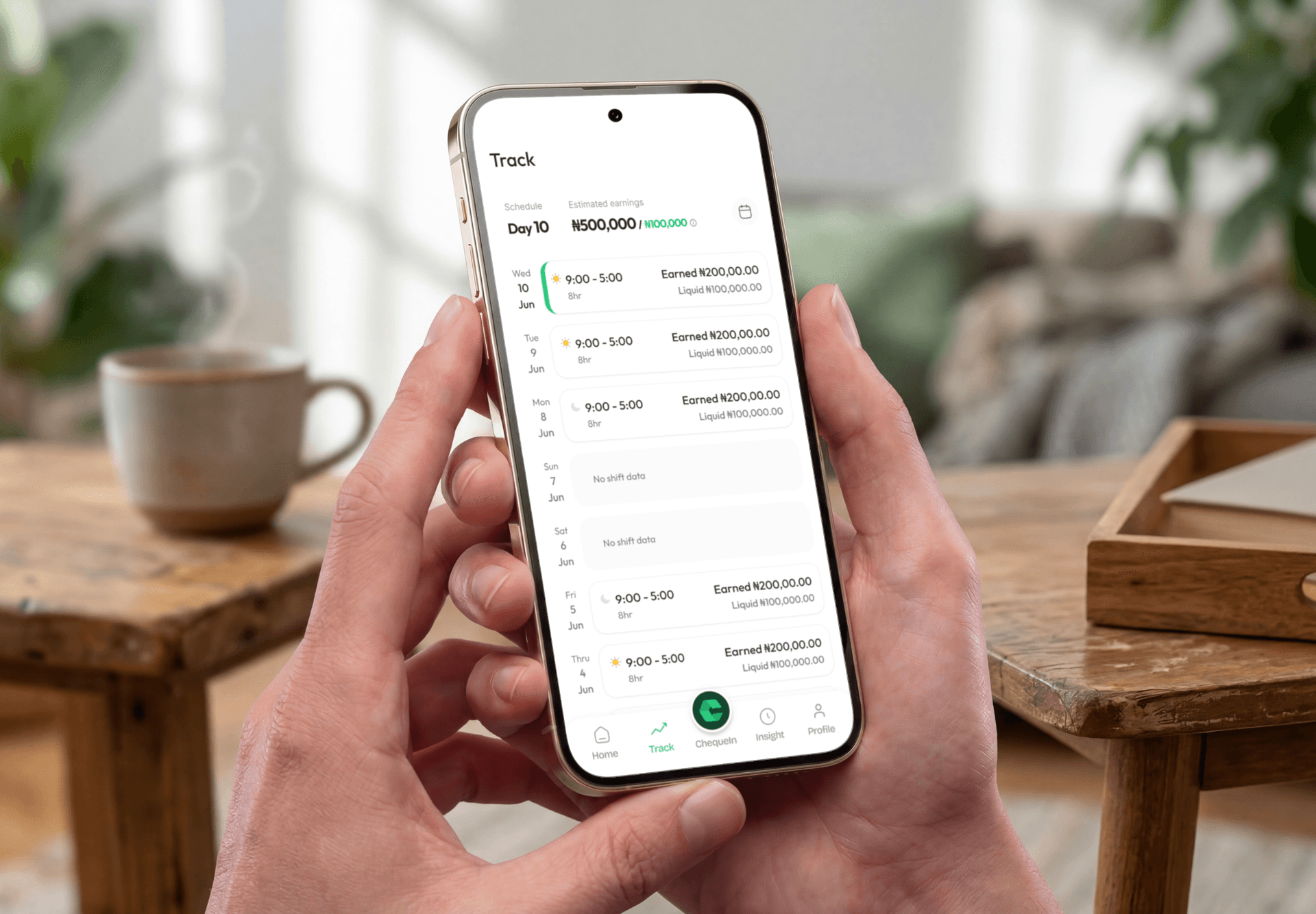 The ChequeIn app tracking a healthcare worker's shifts