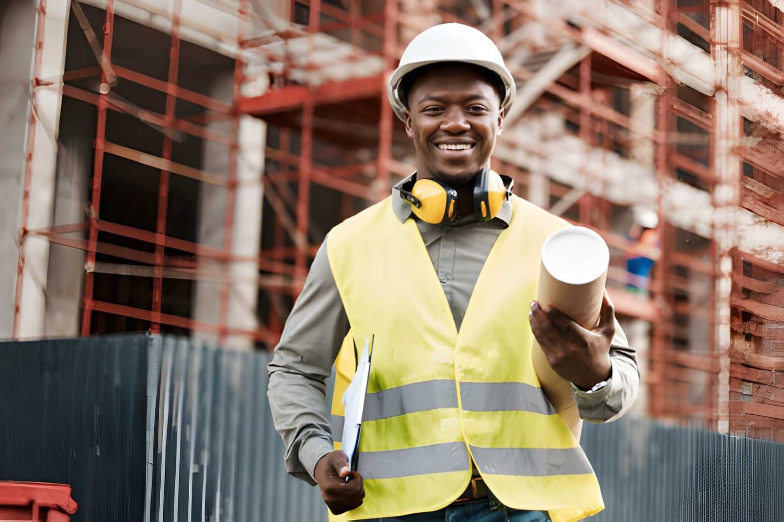 A smiling construction worker in a hard hat and hi-vis vest holding rolled plans