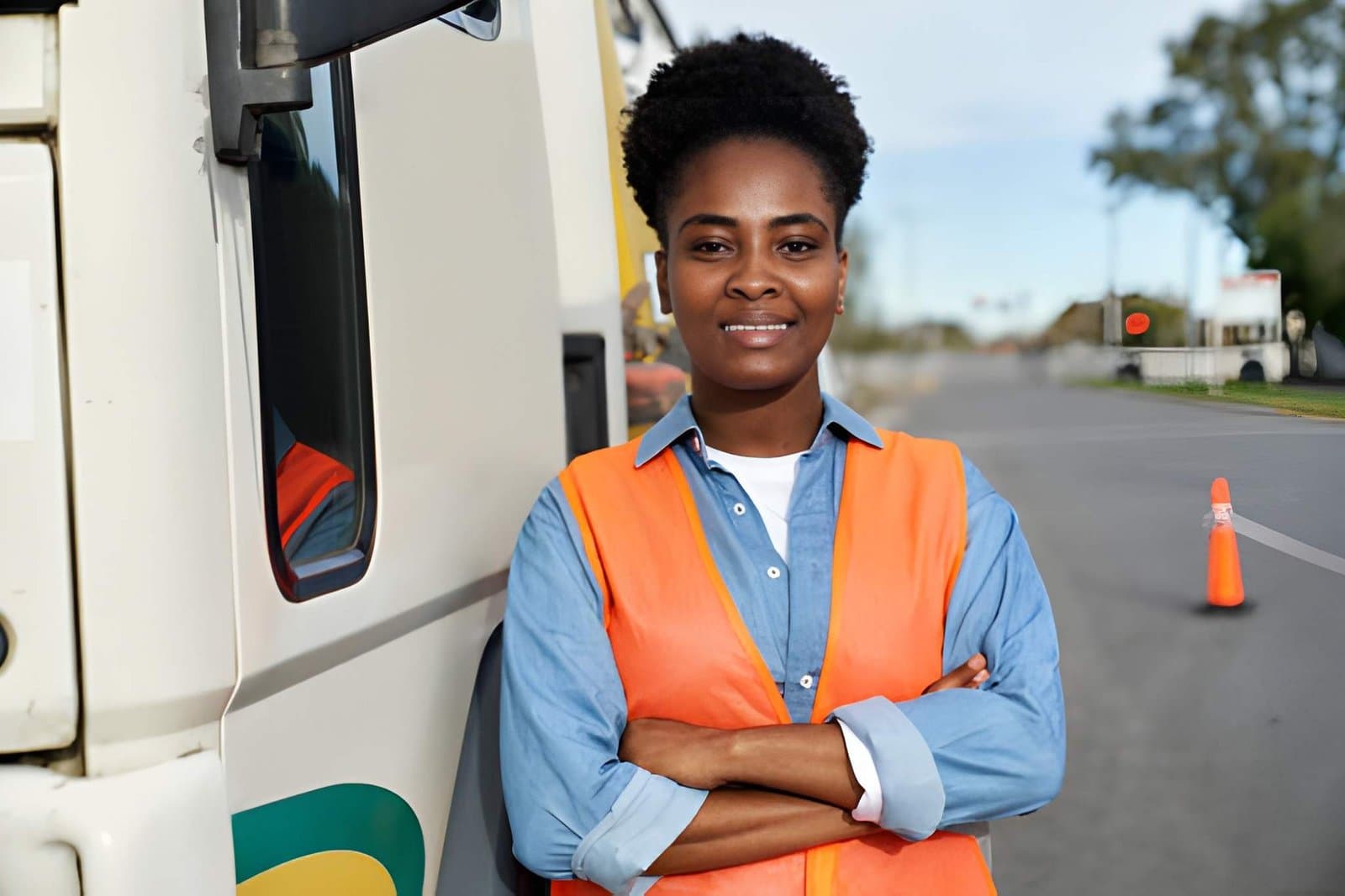A smiling public-sector worker in a hi-vis vest standing beside a service truck