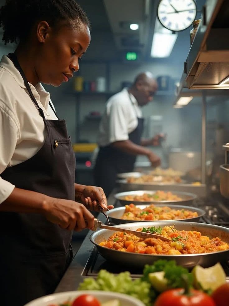 A chef plating dishes on a busy restaurant kitchen line