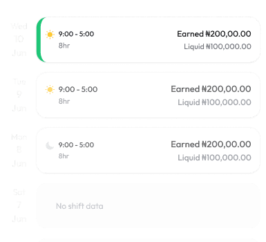 A week of tracked shifts with earned and liquid amounts
