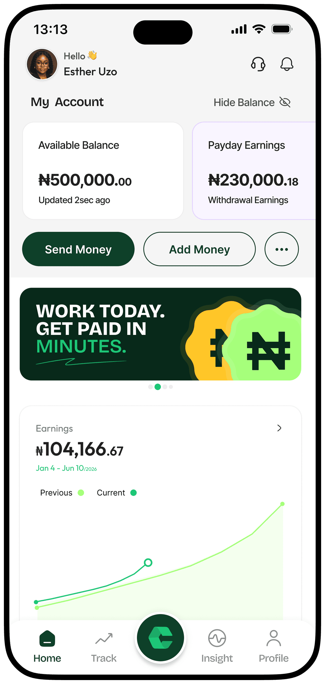 The ChequeIn worker app showing available balance, payday earnings and an earnings chart