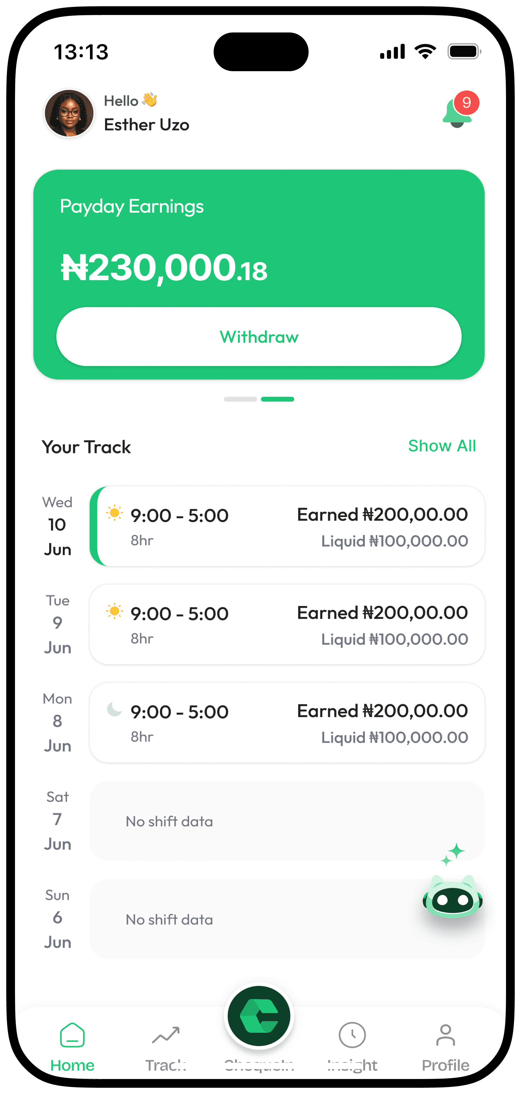ChequeIn tracked shifts and app navigation