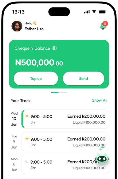 The ChequeIn app showing an account balance of ₦500,000 and tracked shifts