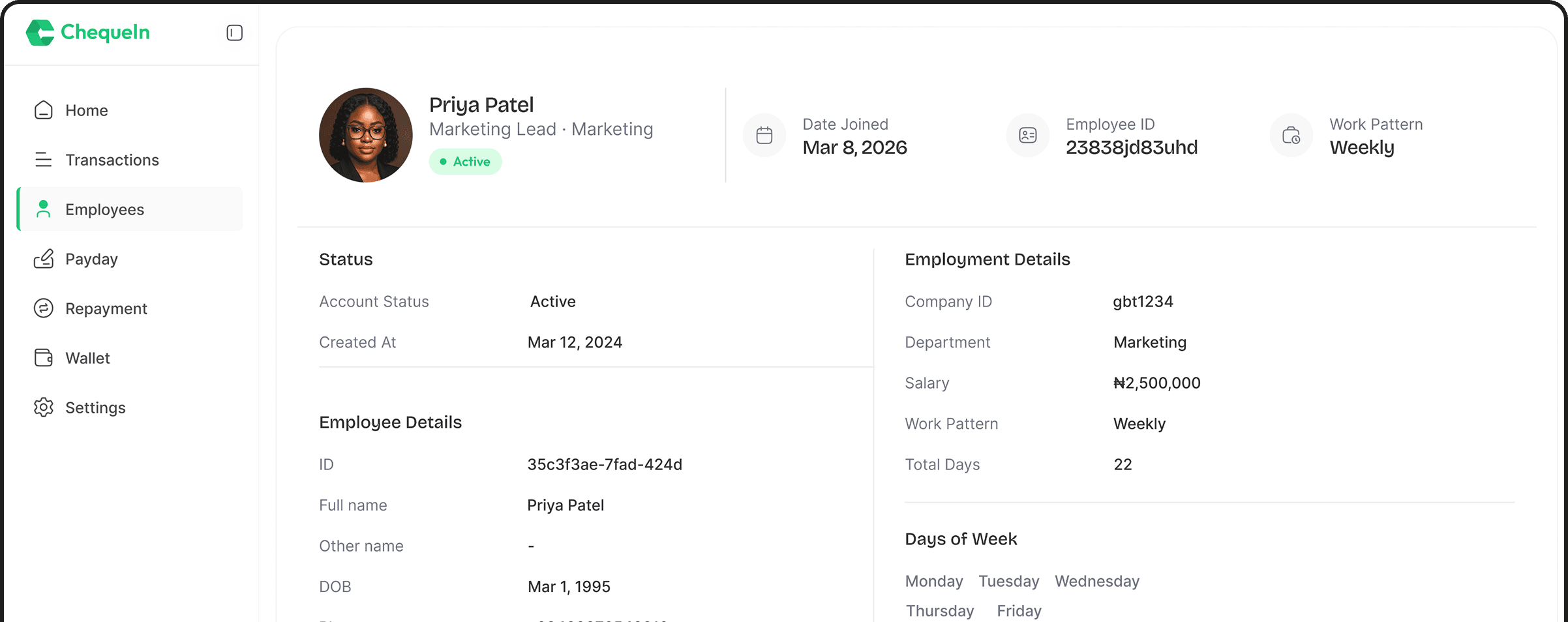 ChequeIn employee record showing status, employment details and work pattern